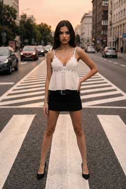 Petra - CROCHET AND BEAD TOP + LOW-RISE SKORT WITH BELT - B&W Crosswalk Stripes [SceneRegenerate]