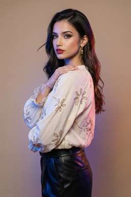 Petra - EMBROIDERED TEXTURED BLOUSE + 50TH ANNIVERSARY LEATHER TROUSERS WITH DARTS AND BELT - Colored Gel Lighting [Rotated 60° Left] [Modelling Cuts]