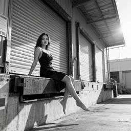 Petra - ASYMMETRIC TEXTURED BLOUSE - LIMITED EDITION + 50TH ANNIVERSARY LEATHER TROUSERS WITH DARTS AND BELT - B&W Loading Dock [Rotated 42° Left]