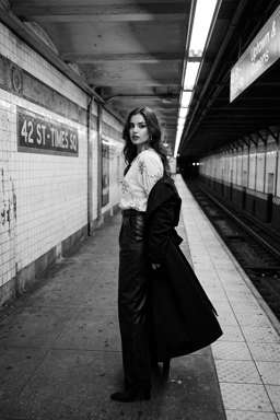 Petra - EMBROIDERED TEXTURED BLOUSE + 50TH ANNIVERSARY LEATHER TROUSERS WITH DARTS AND BELT - B&W Subway Platform