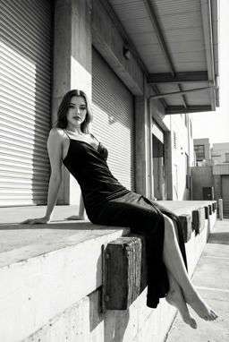 Petra - LADDER STITCH FLOWING BLOUSE + 50TH ANNIVERSARY LEATHER TROUSERS WITH DARTS AND BELT - B&W Loading Dock [Rotated 42° Right]