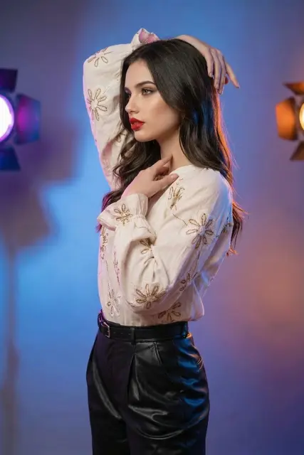 Petra - EMBROIDERED TEXTURED BLOUSE + 50TH ANNIVERSARY LEATHER TROUSERS WITH DARTS AND BELT