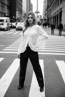 Anna 2 - ASYMMETRIC TEXTURED BLOUSE - LIMITED EDITION + 50TH ANNIVERSARY LEATHER TROUSERS WITH DARTS AND BELT - B&W Crosswalk Stripes [Rotated 20° Right]