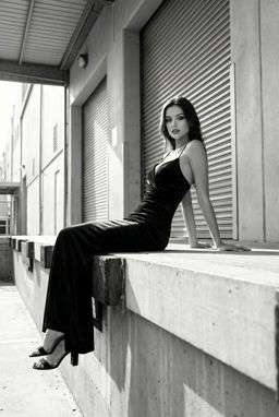 Petra - FAUX LEATHER BOMBER JACKET + 50TH ANNIVERSARY WOOL BLEND TROUSERS - B&W Loading Dock [Rotated 26° Left]