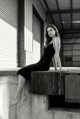 Petra - LADDER STITCH FLOWING BLOUSE + 50TH ANNIVERSARY WOOL BLEND TROUSERS - B&W Loading Dock [Rotated 42° Right]