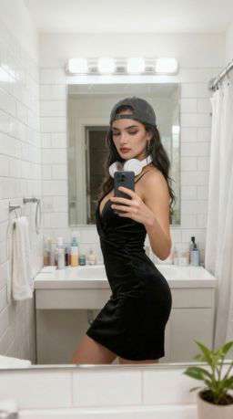 Petra - CONTRAST LACE BRALETTE + 50TH ANNIVERSARY WOOL BLEND TROUSERS - Bathroom Mirror Selfie [Rotated 32° Right]