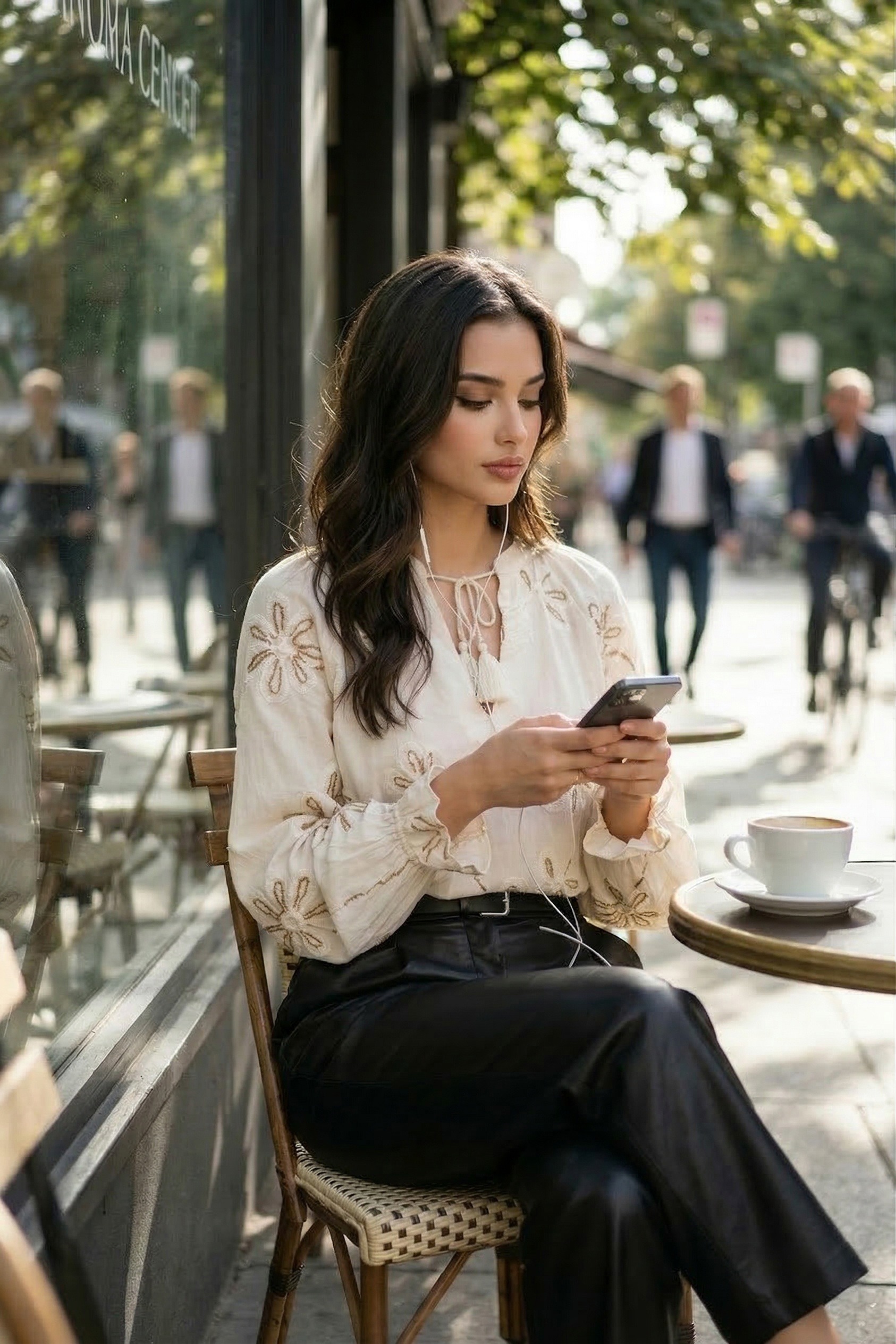 Petra - EMBROIDERED TEXTURED BLOUSE + 50TH ANNIVERSARY LEATHER TROUSERS WITH DARTS AND BELT - Sidewalk Café [Rotated 35° Right]