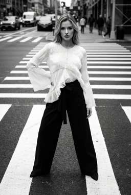 Anna 2 - ASYMMETRIC TEXTURED BLOUSE - LIMITED EDITION + 50TH ANNIVERSARY WOOL-BLEND TROUSERS WITH BELT - B&W Crosswalk Stripes [SceneRegenerate] [Animate] [ExtendVideo]