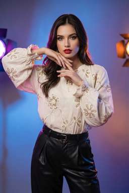 Petra - EMBROIDERED TEXTURED BLOUSE + 50TH ANNIVERSARY LEATHER TROUSERS WITH DARTS AND BELT - Colored Gel Lighting