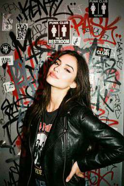 Petra - ASYMMETRIC TEXTURED BLOUSE - LIMITED EDITION + 50TH ANNIVERSARY LEATHER TROUSERS WITH DARTS AND BELT - Punk Graffiti Wall Flash [Rotated 49° Left]