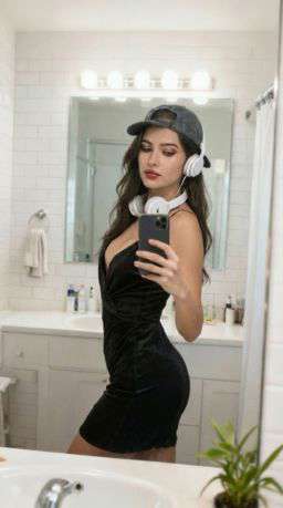 Petra - LADDER STITCH FLOWING BLOUSE + 50TH ANNIVERSARY WOOL BLEND TROUSERS - Bathroom Mirror Selfie [Rotated 44° Right]