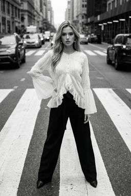 Anna 2 - ASYMMETRIC TEXTURED BLOUSE - LIMITED EDITION + 50TH ANNIVERSARY WOOL-BLEND TROUSERS WITH BELT - B&W Crosswalk Stripes